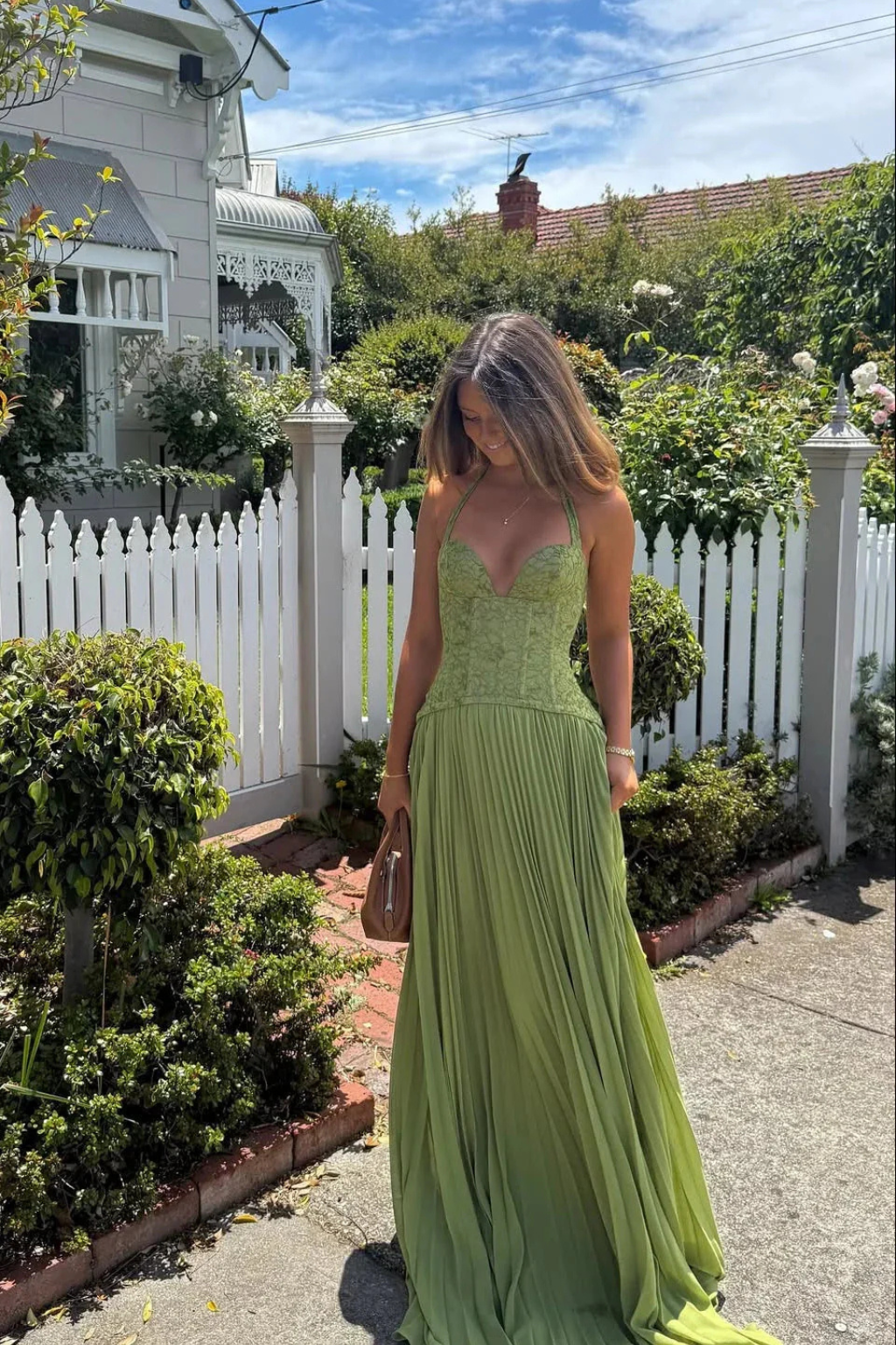 Arabesca — Halter Corset Pleated Maxi Dress For Sophisticated Wedding Guest Outfit
