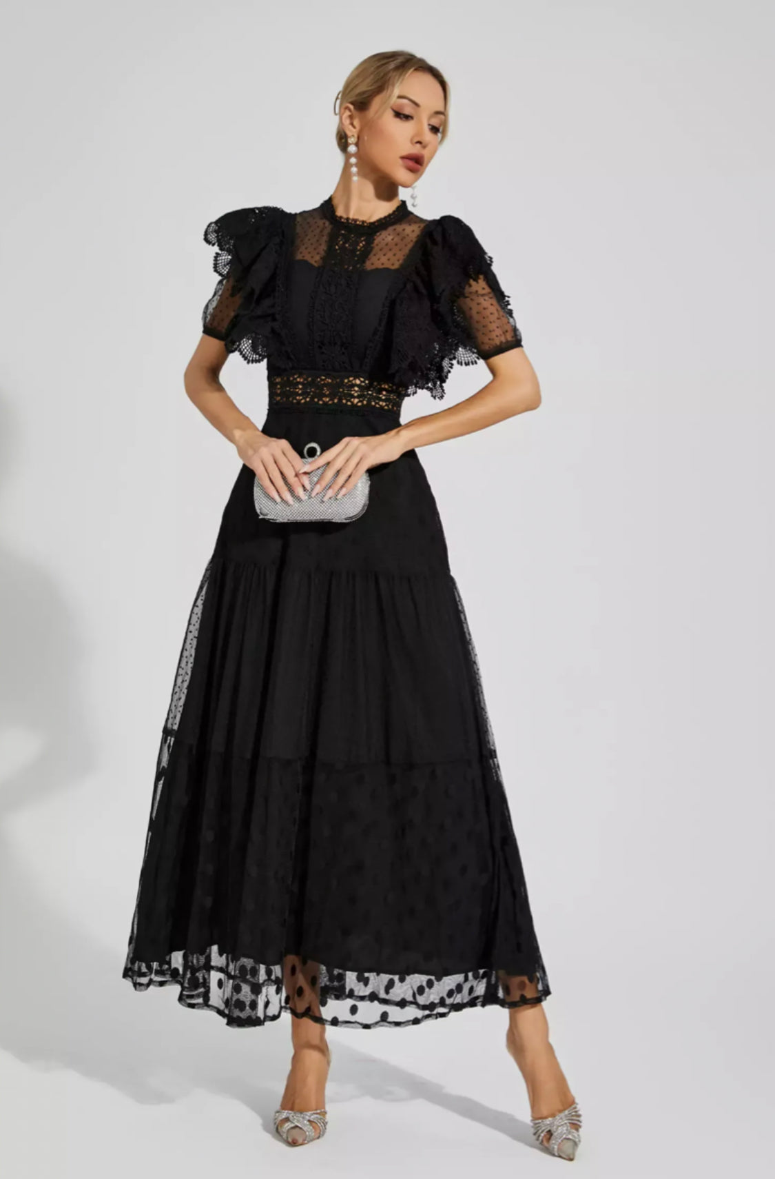 Noor polka dot black maxi dress S
