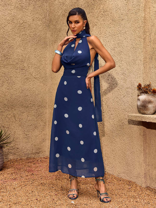 Midnight Polka Drape Maxi Dress