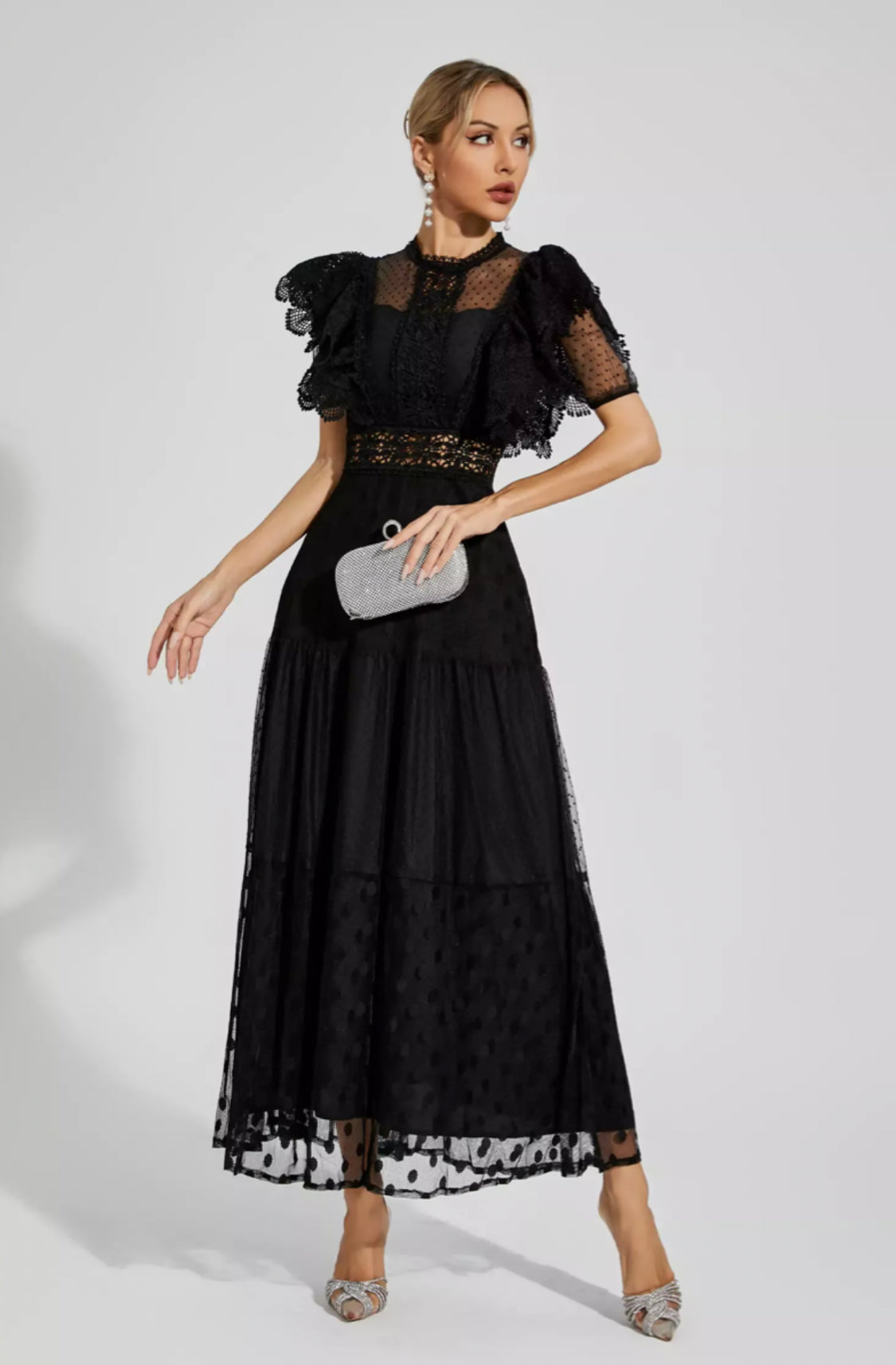 Noor polka dot black maxi dress S
