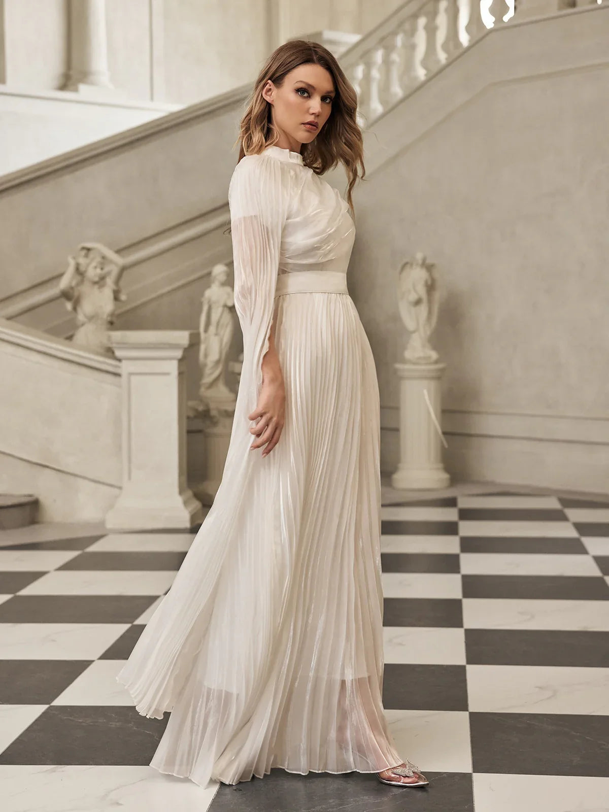 Celeste Pleated Wing-Sleeve Gown