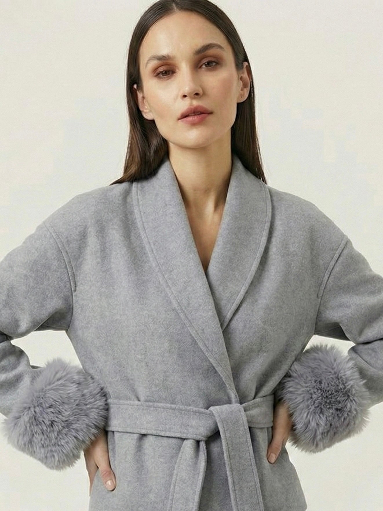 Celine | Belted Coat with Faux Fur Cuffs