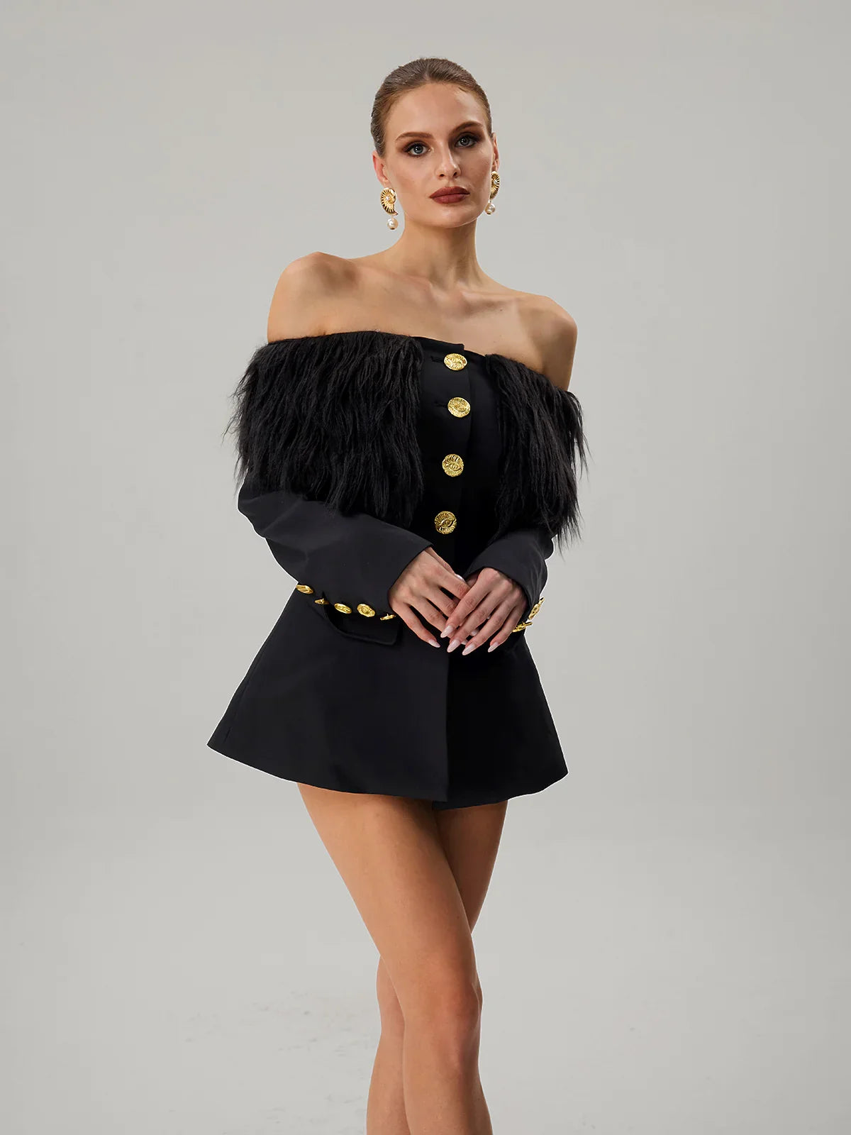 Noir Plume Off-Shoulder Blazer Dress