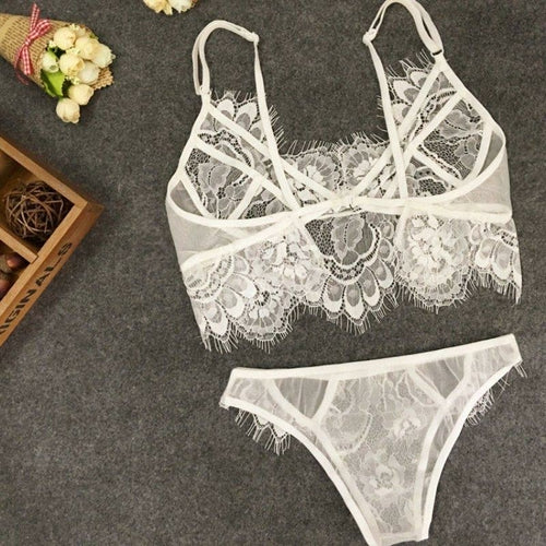 Sexy Lace Mesh Bralette & G-String Set – Sheer Unpadded Lingerie for Women