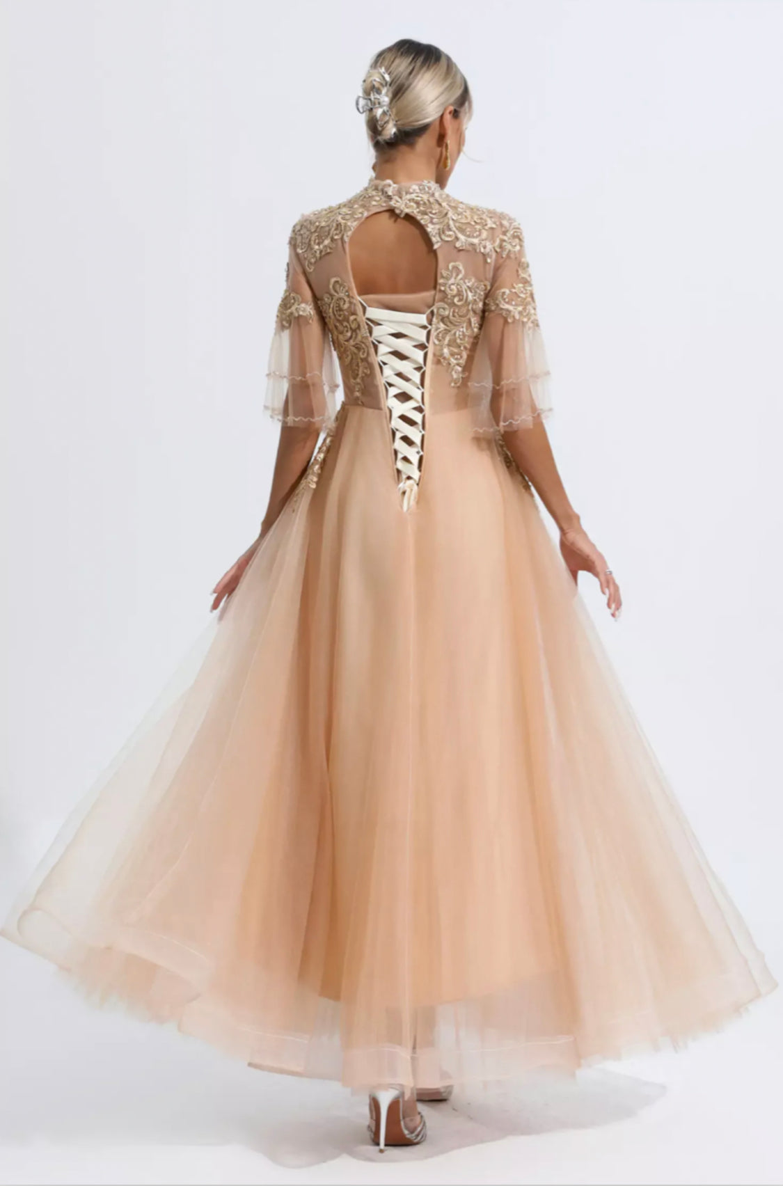 Marina gold mesh maxi dress