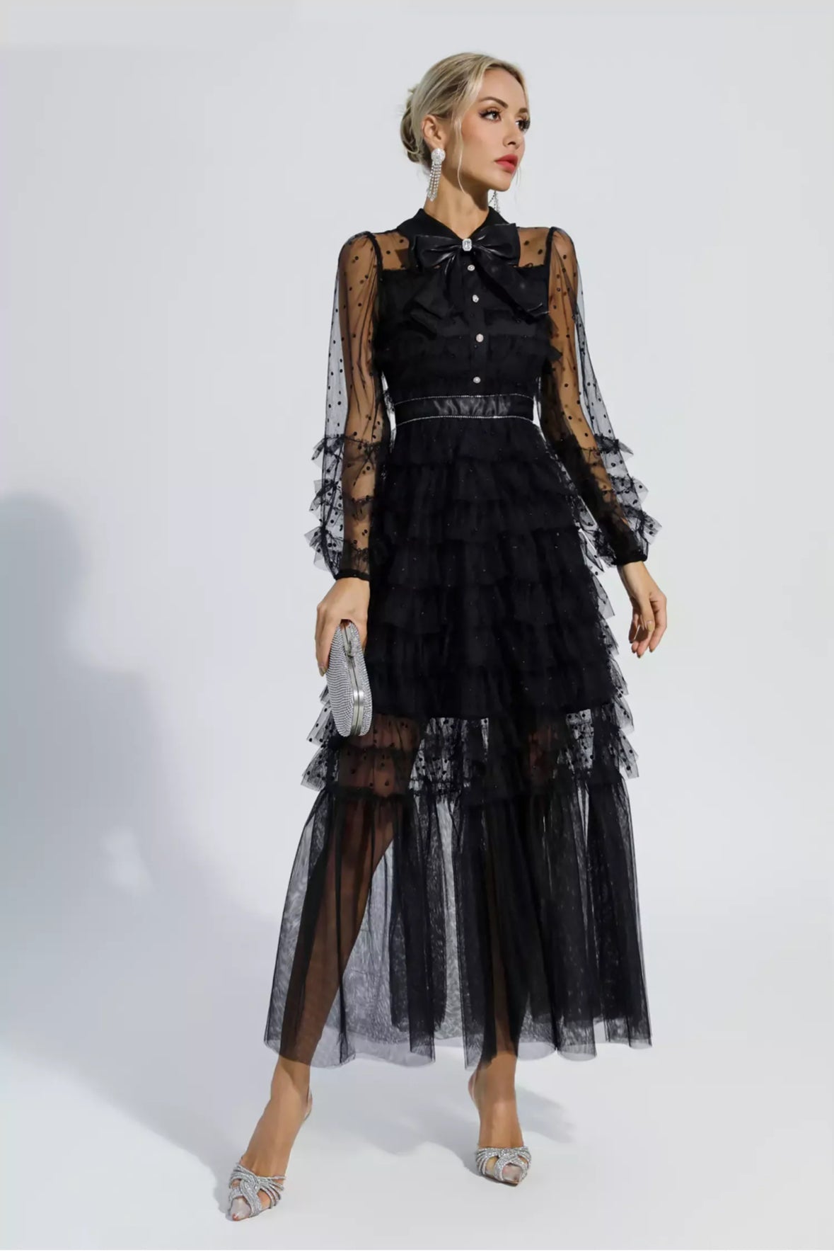 Black polka dot mesh maxi dress