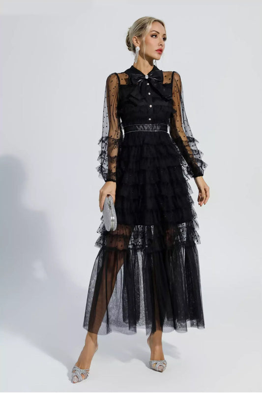 Black polka dot mesh maxi dress