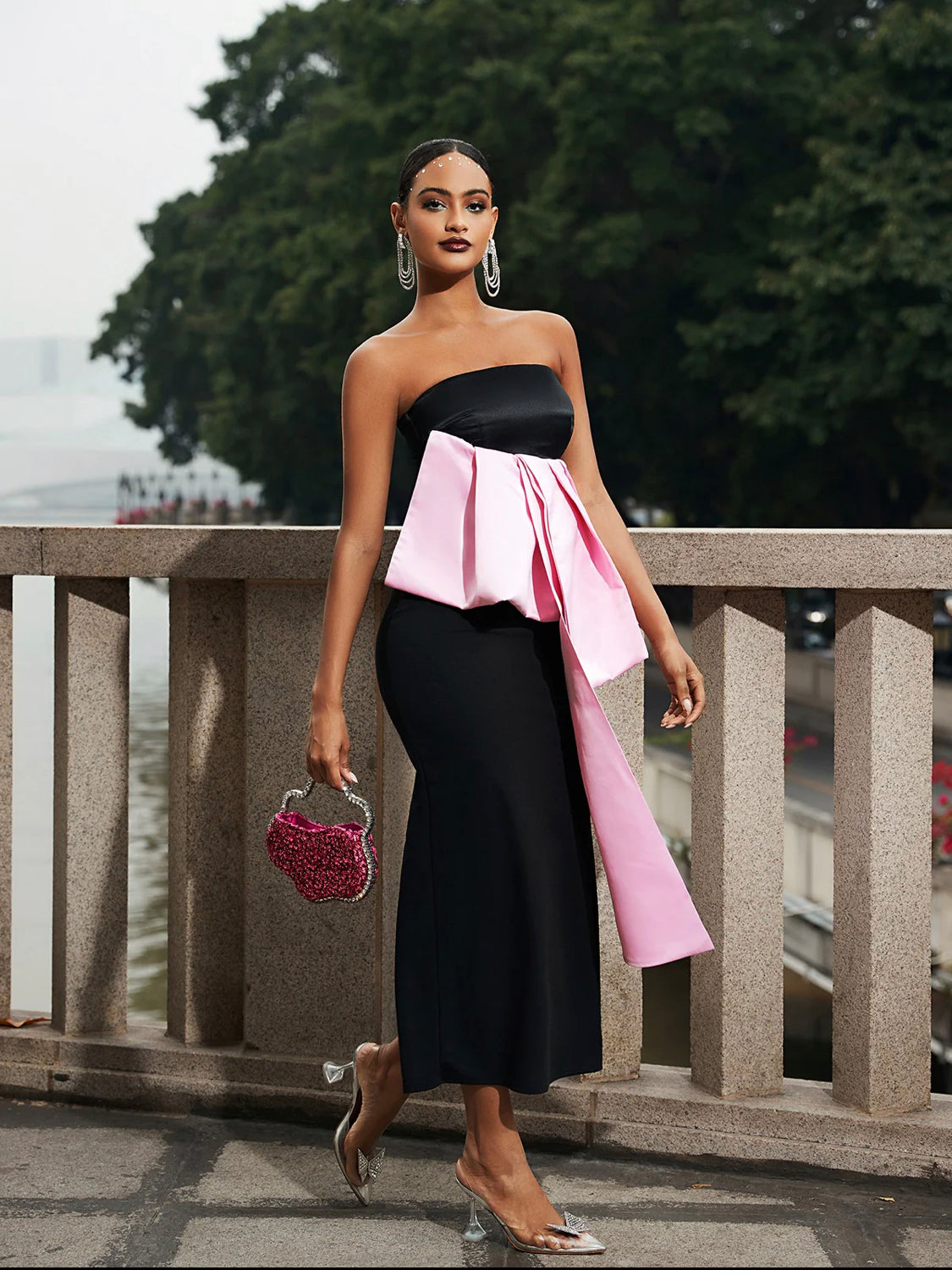 Pink bow midi dress