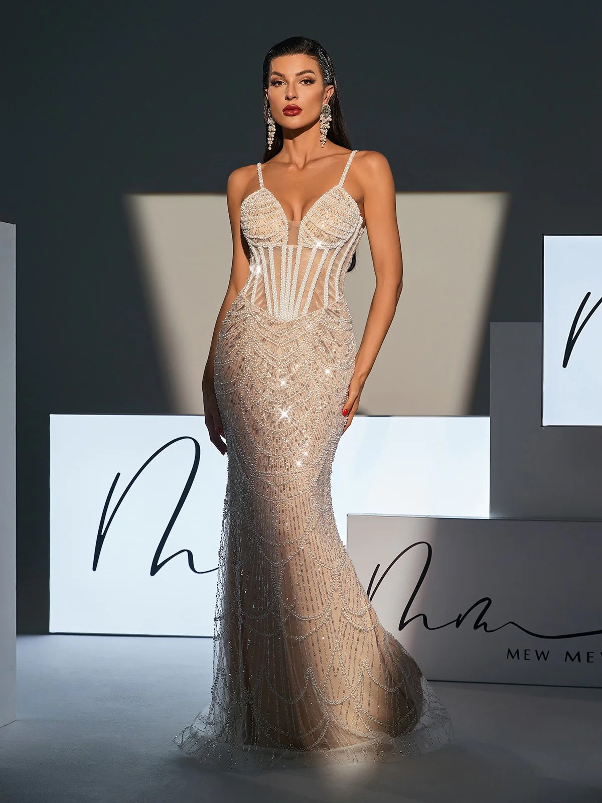 Pearl embellish sequin maxi dress