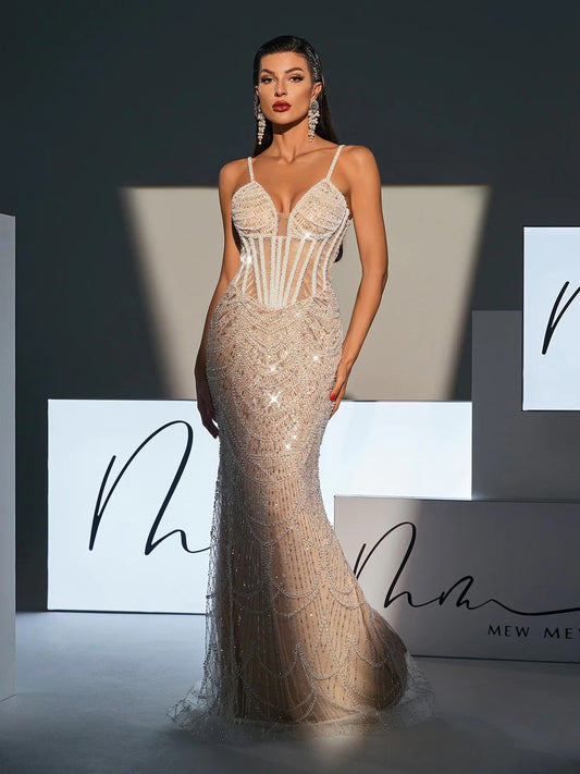 Pearl embellish sequin maxi dress