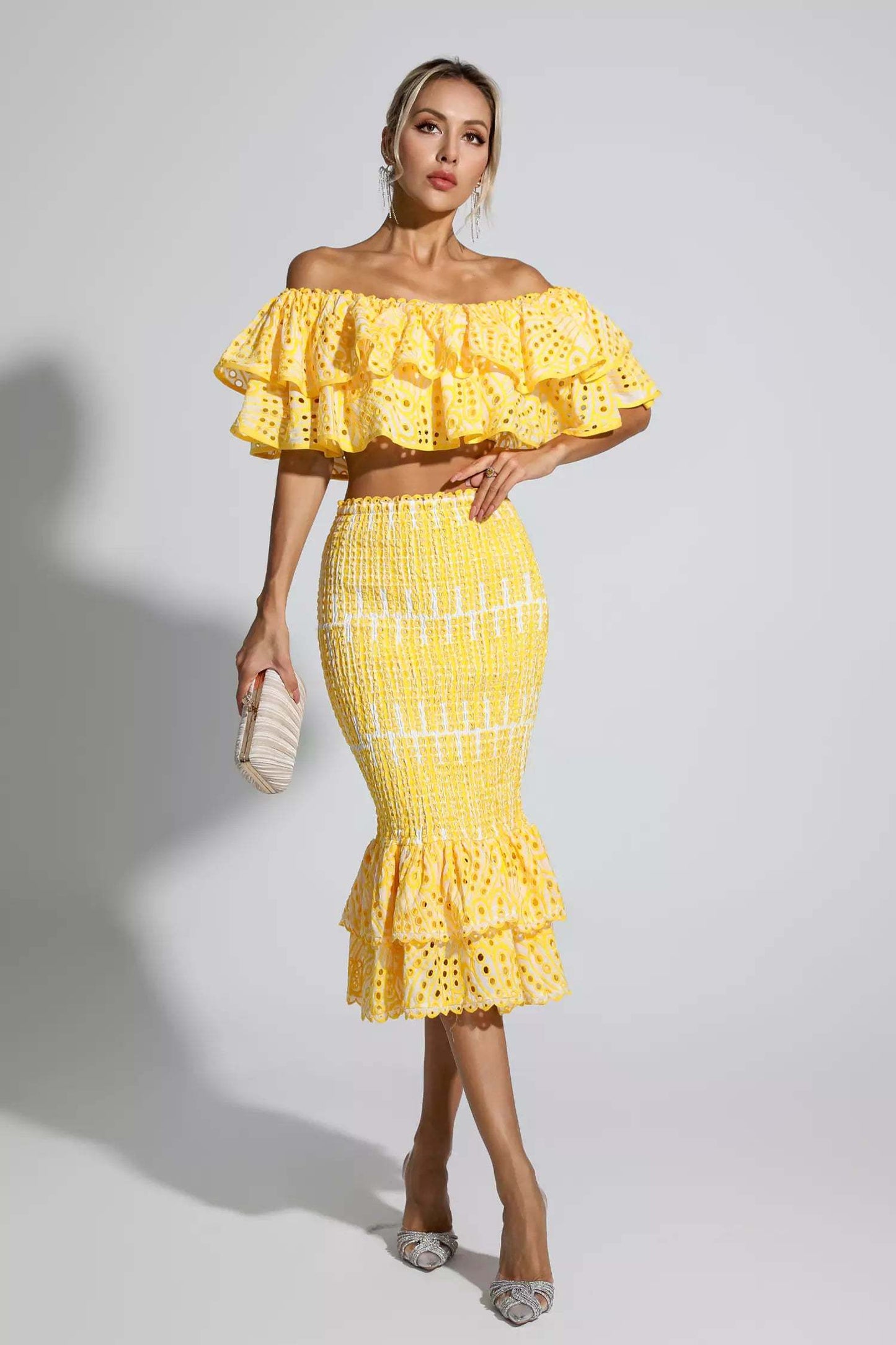 Winnie off shoulder ruffle skirt set-Yellow