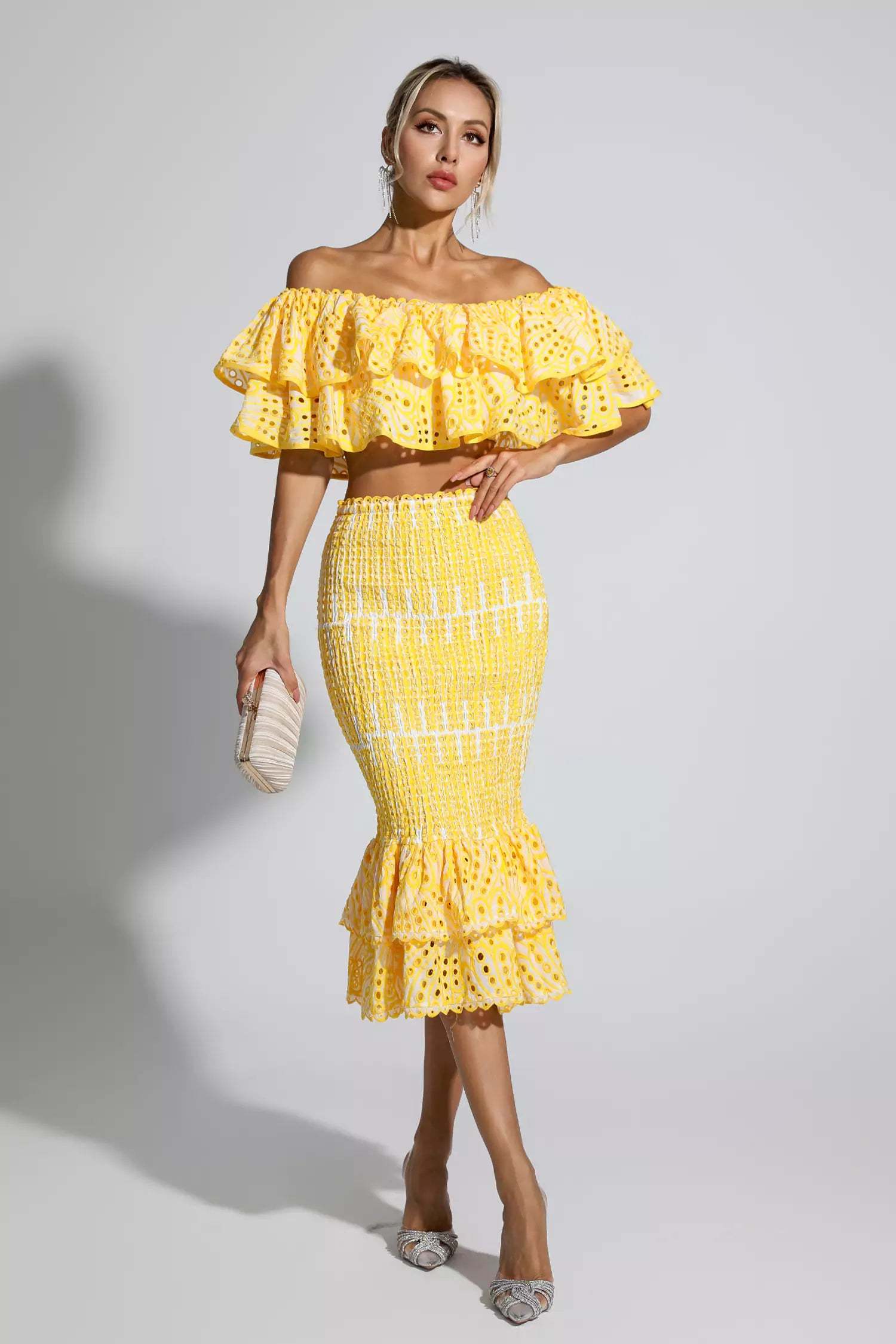 Winnie off shoulder ruffle skirt set-Yellow