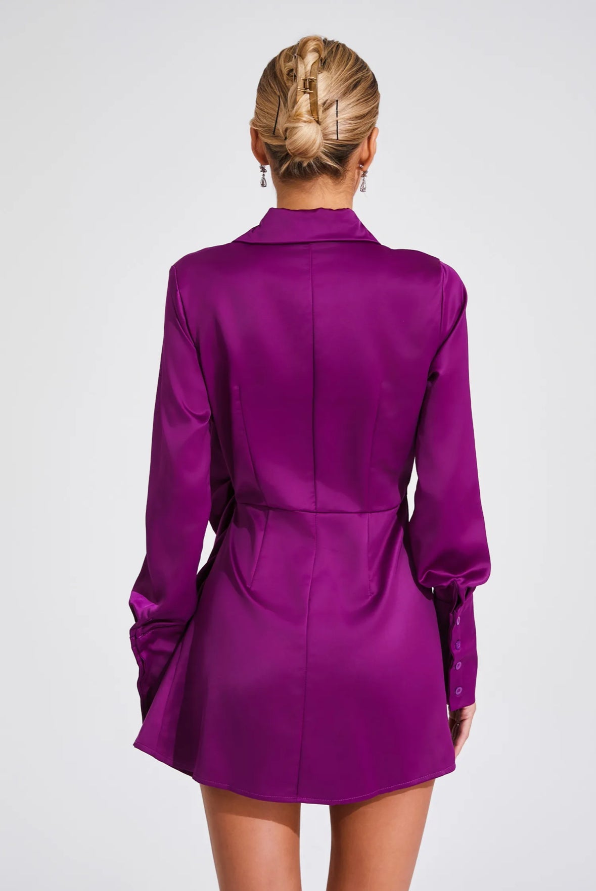 Satin purple ruched mini dress