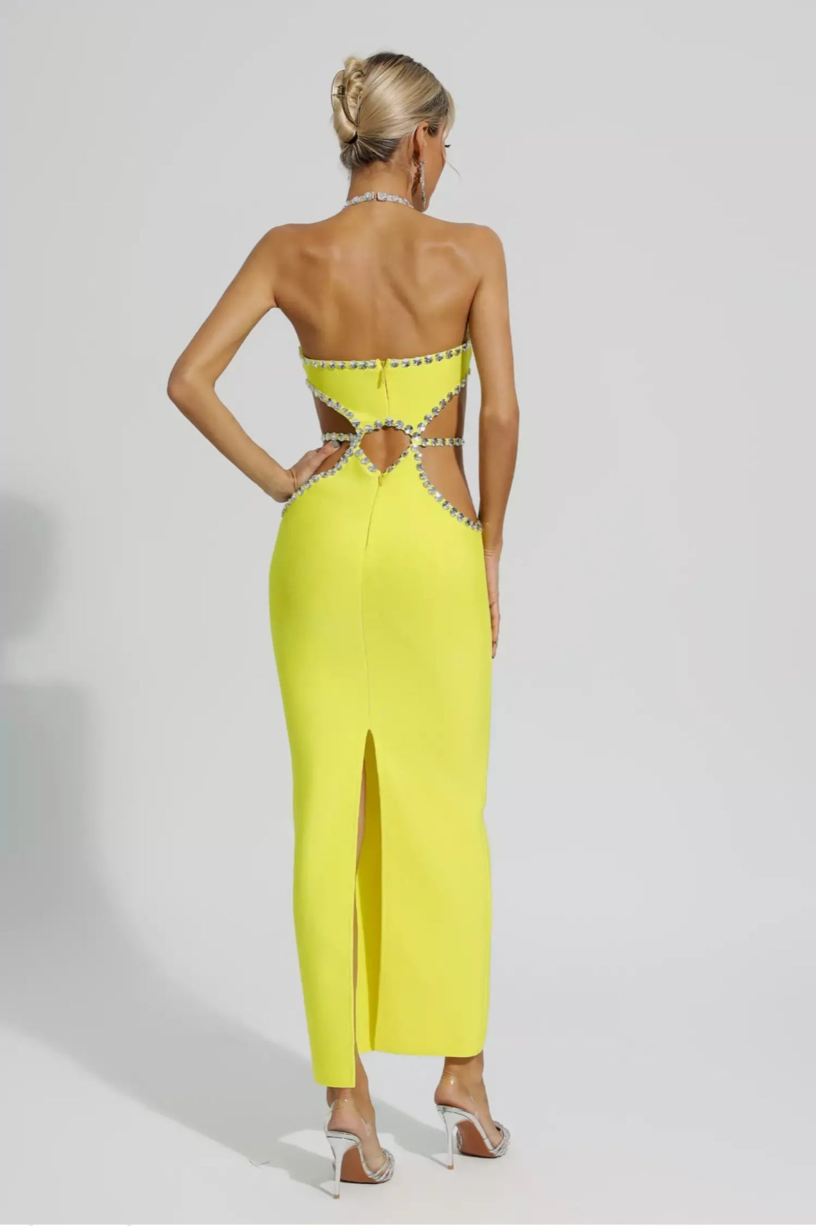 Yellow cutout rhinestone maxi dress
