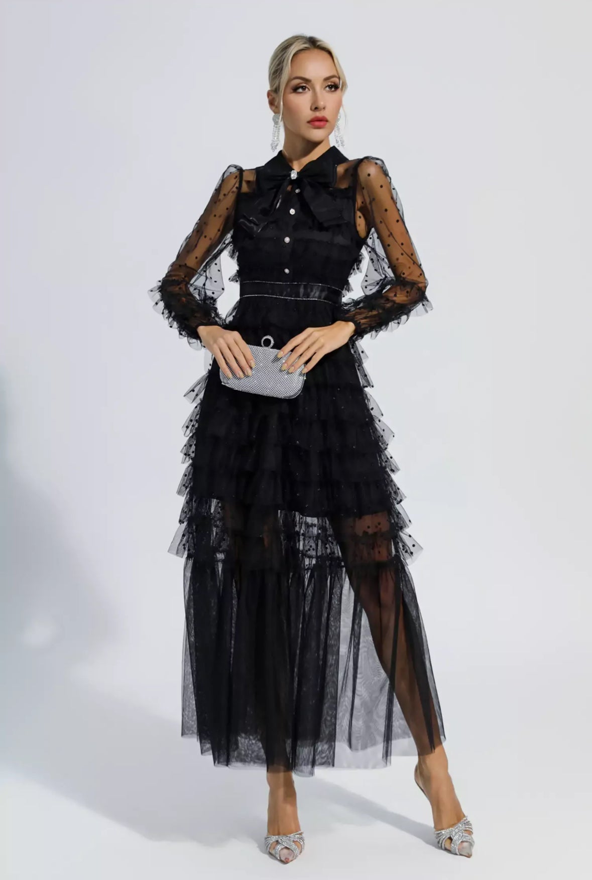 Black polka dot mesh maxi dress