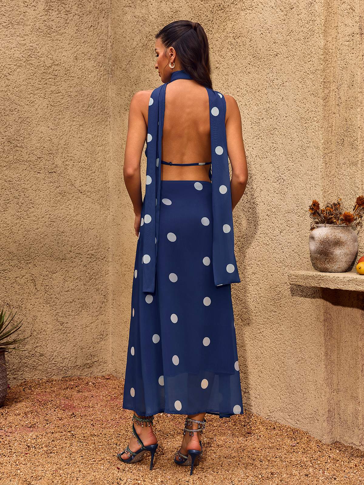Midnight Polka Drape Maxi Dress
