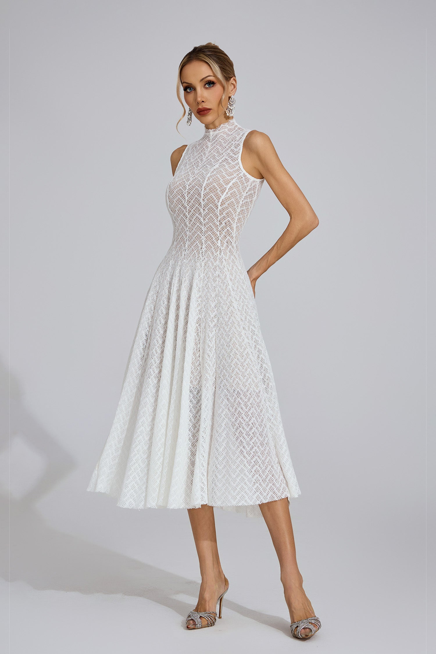 Elara High-Neck Lace Midi Dress