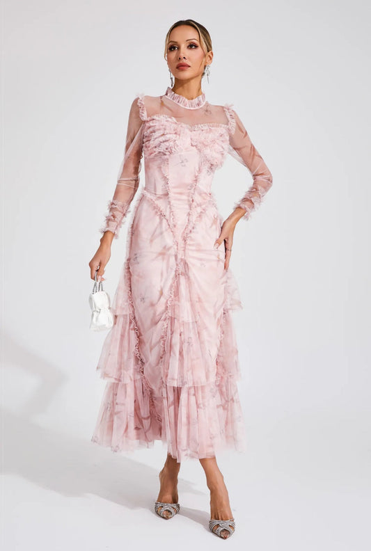 Pink mesh ruched maxi dress