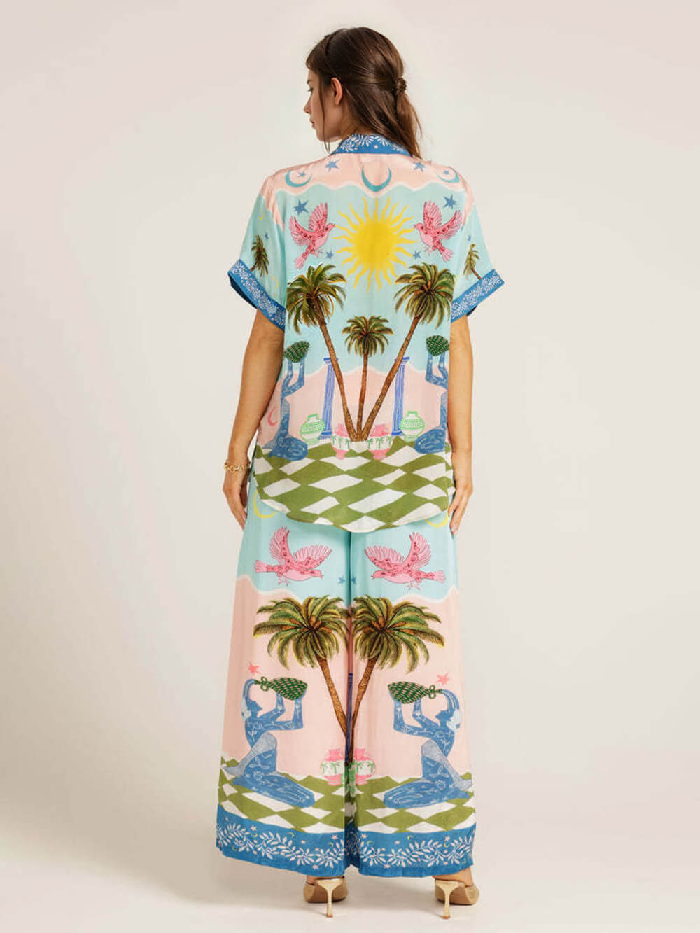Casual Palm Tree Print Elastic Waist Pocket Wide-Leg Pants