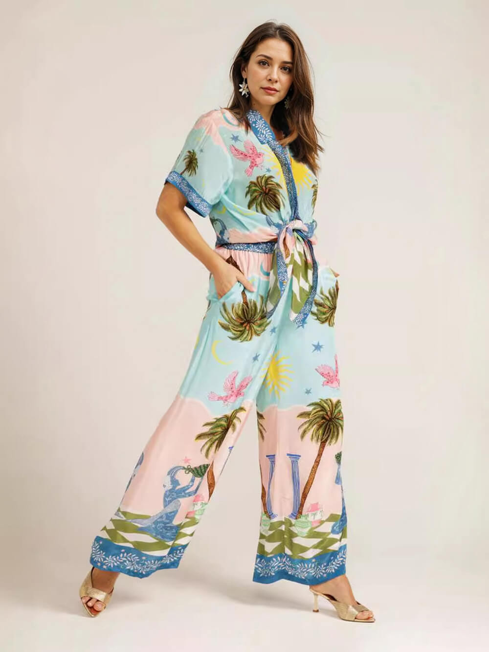 Casual Palm Tree Print Elastic Waist Pocket Wide-Leg Pants