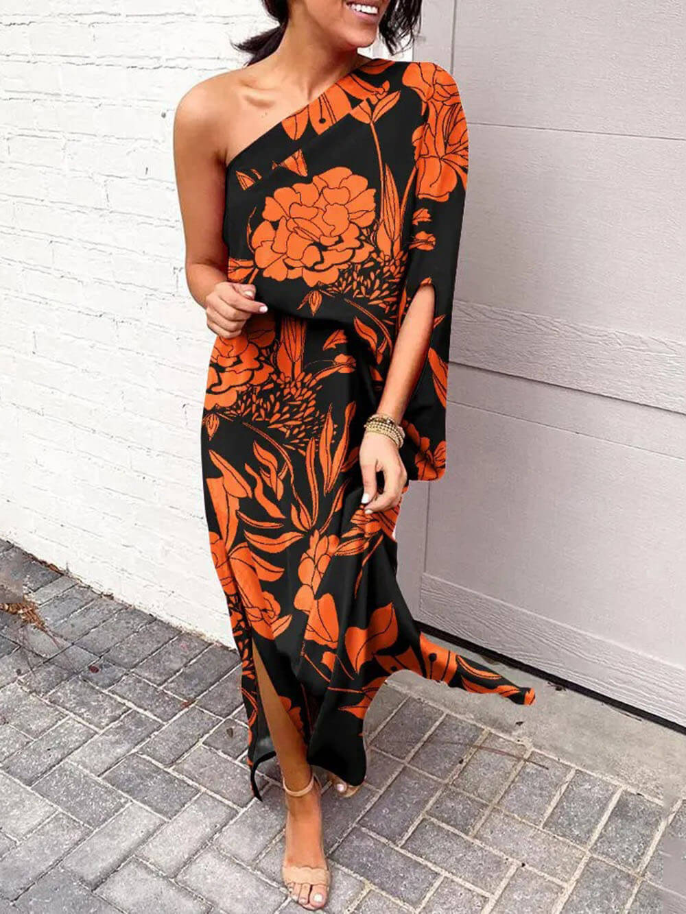 Exquisite Rose Print One Shoulder Slit Maxi Dress Black