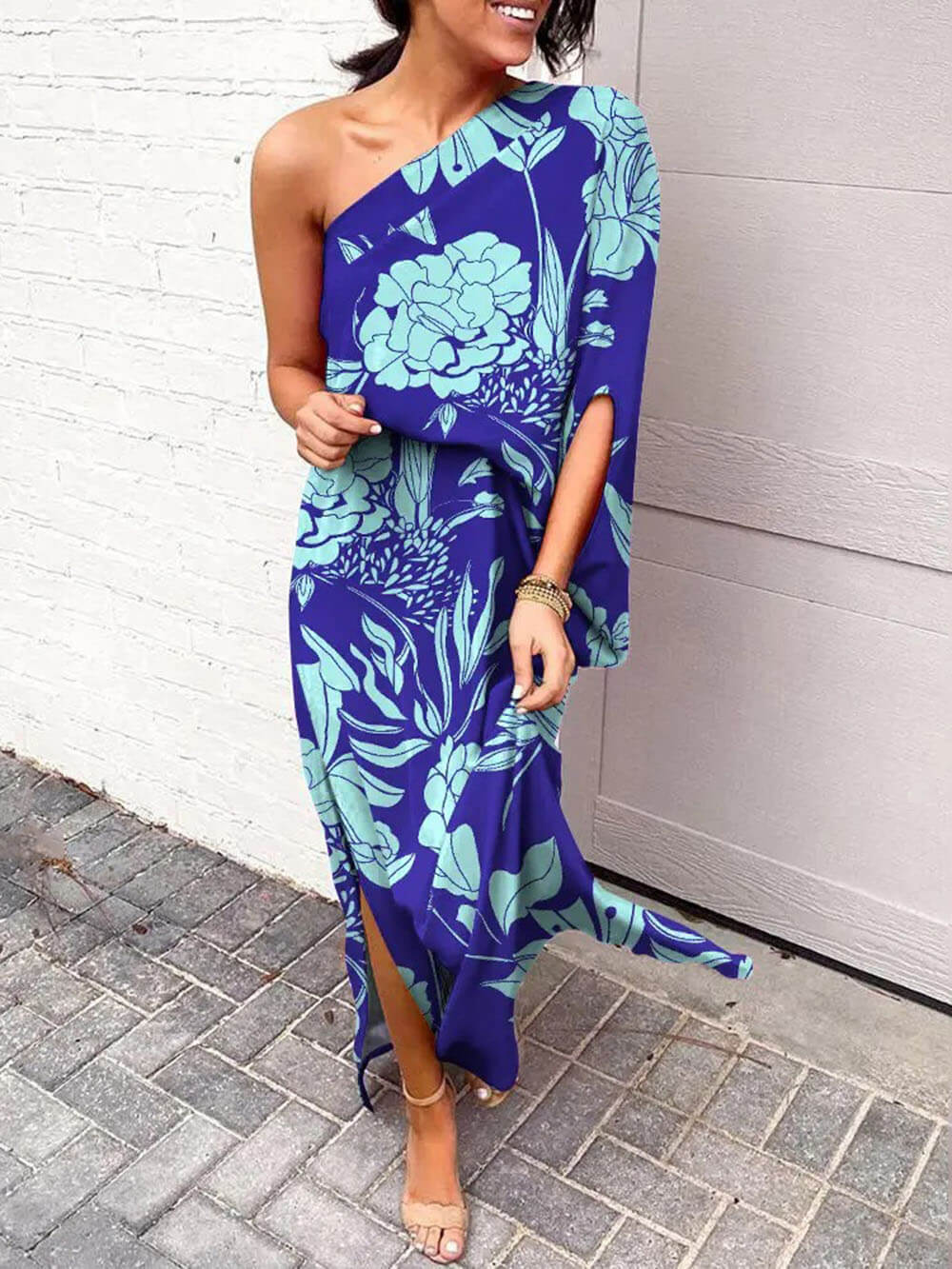 Exquisite Rose Print One Shoulder Slit Maxi Dress Blue
