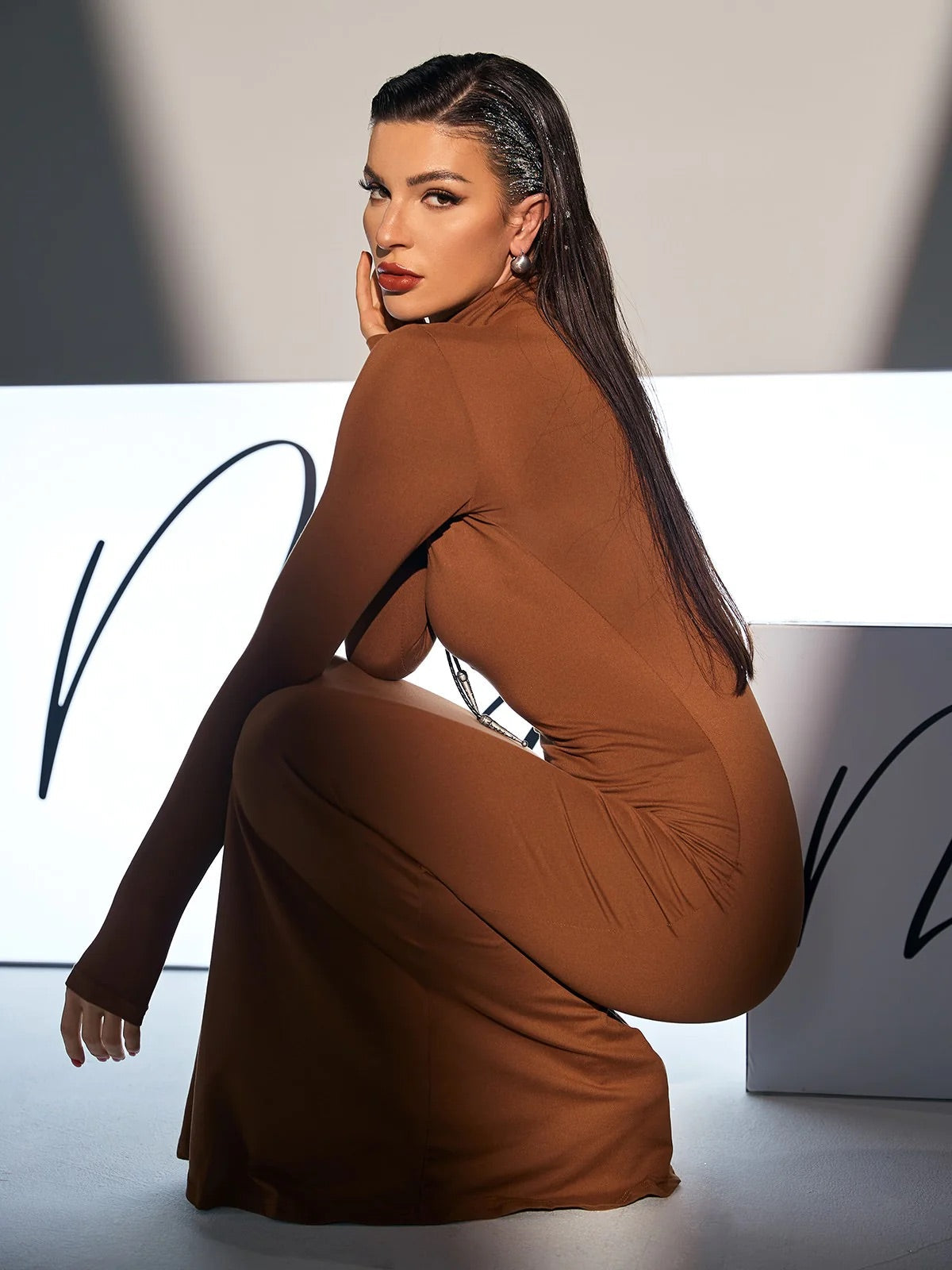 Long sleeves brown maxi dress