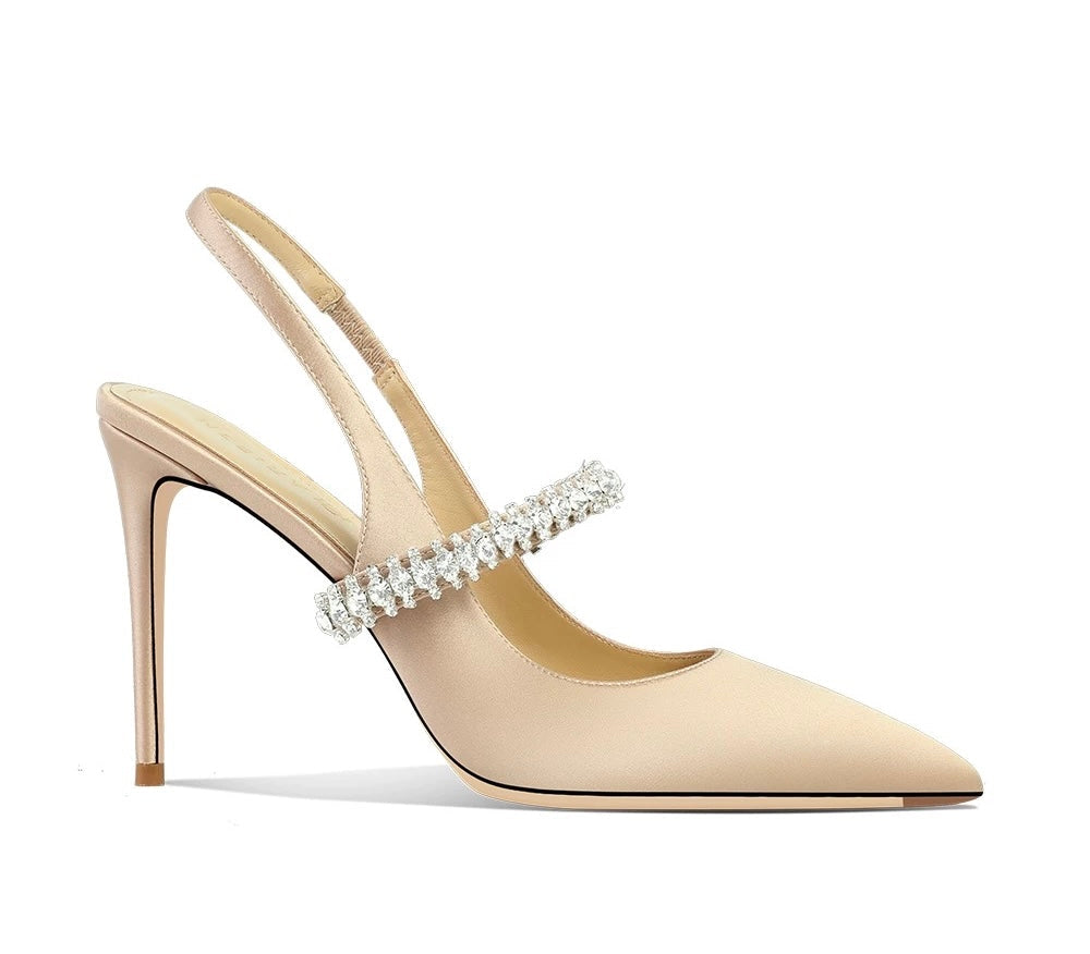 Crystal satin high heels 10cm Beige
