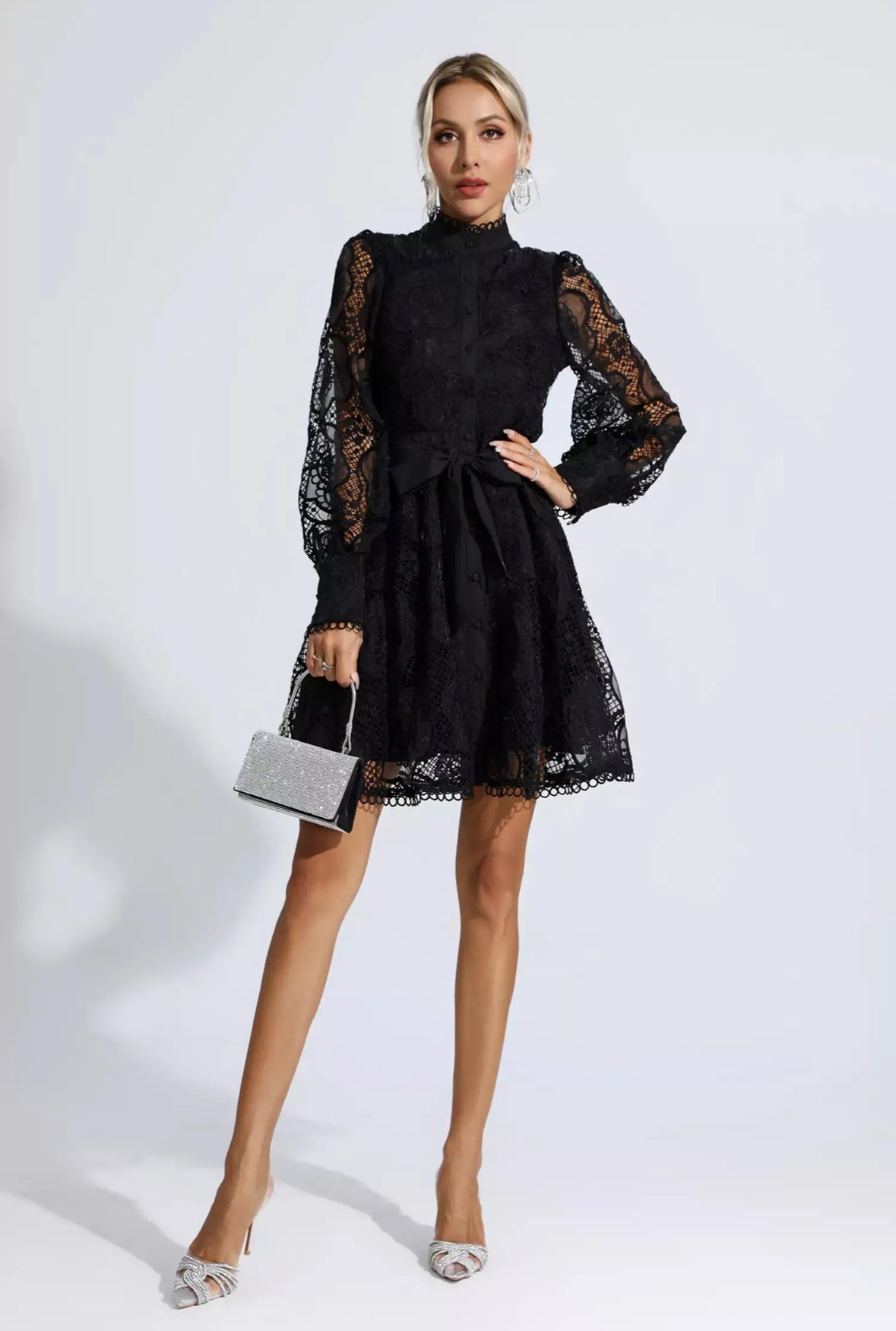 Floral lace tied black mini dress