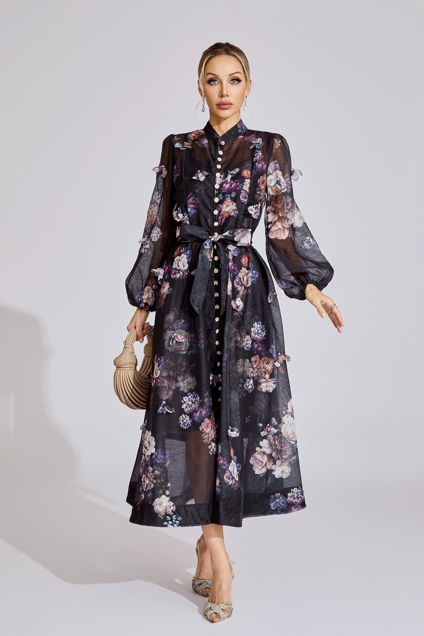 Midnight Bloom Organza Maxi Dress