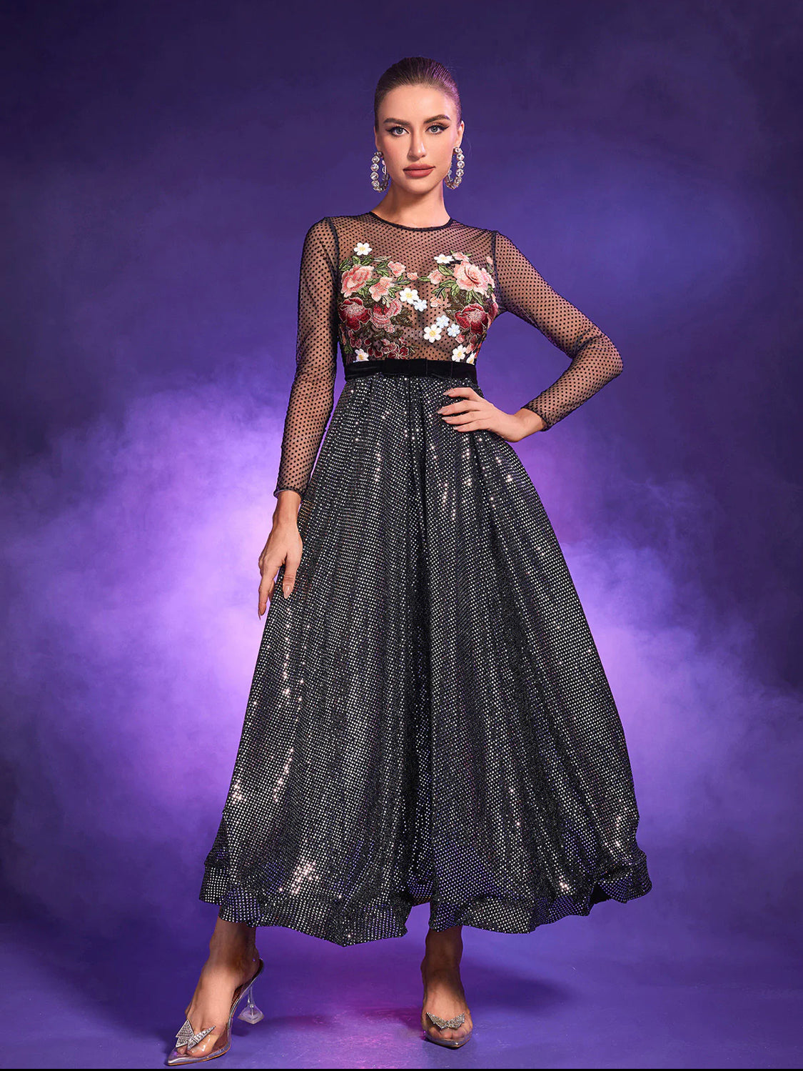 Yumi flower embroidery maxi dress