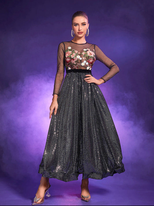 Yumi flower embroidery maxi dress