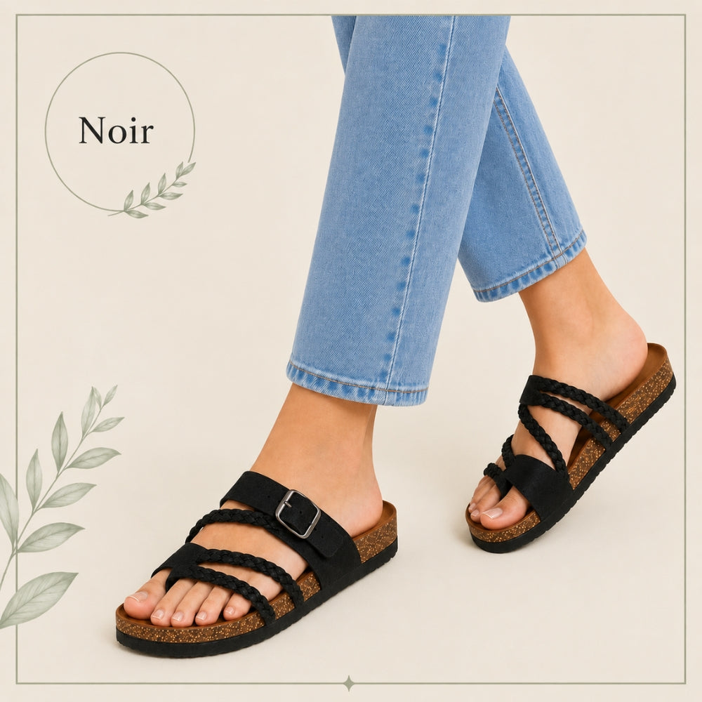 Tressée | Orthopedic Woven Leather Mules Cork Sole Comfortable Summer Black