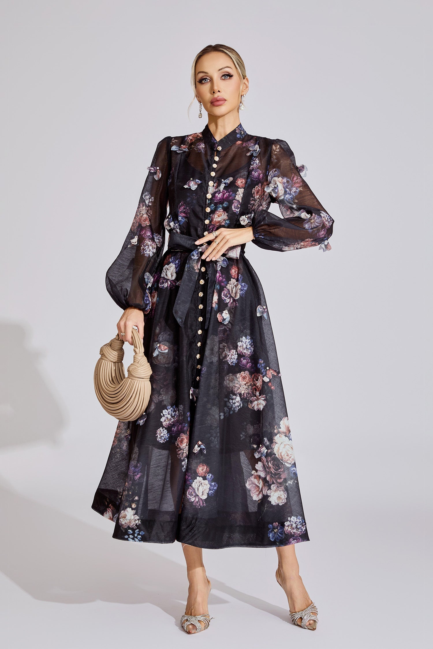 Midnight Bloom Organza Maxi Dress