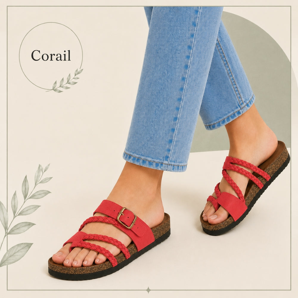 Tressée | Orthopedic Woven Leather Mules Cork Sole Comfortable Summer Coral