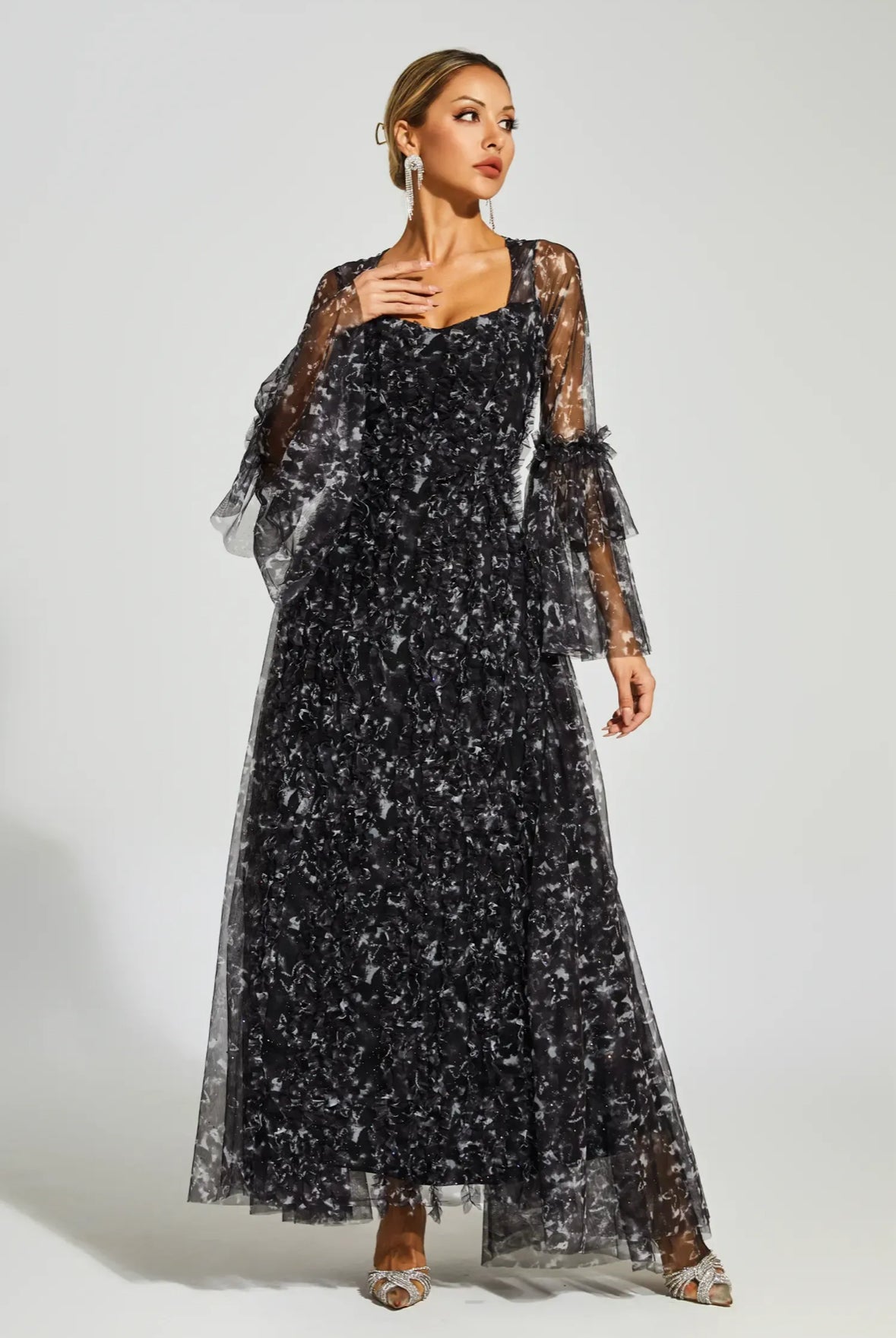 Black floral mesh maxi dress