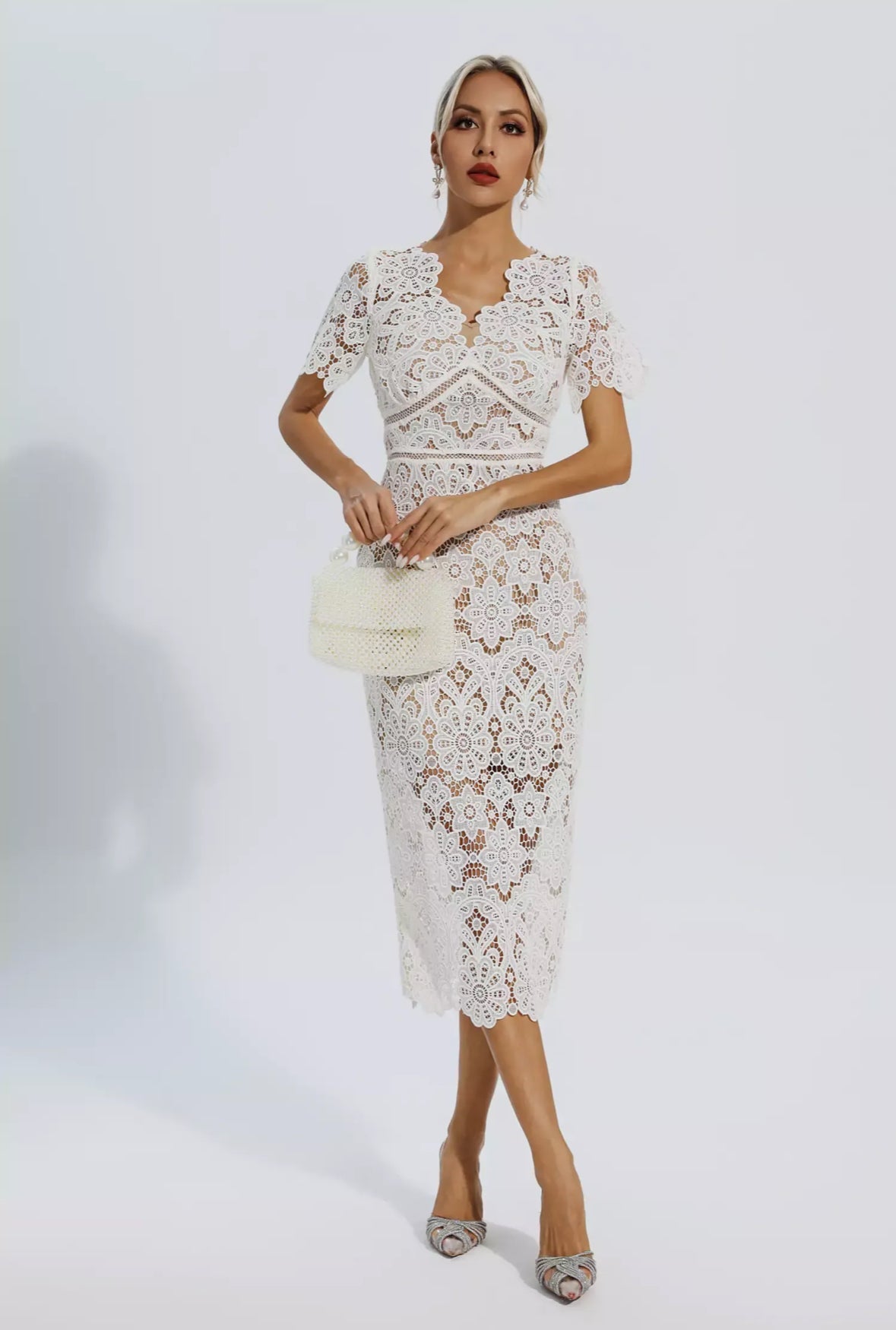 White lace cutout midi dress