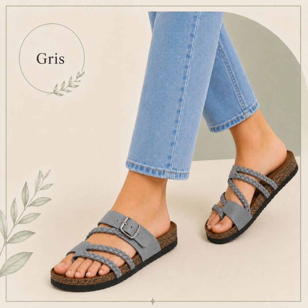 Tressée | Orthopedic Woven Leather Mules Cork Sole Comfortable Summer Grey