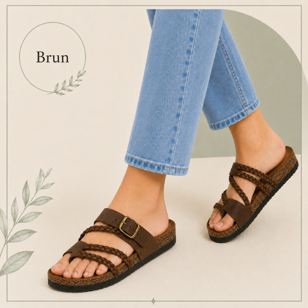 Tressée | Orthopedic Woven Leather Mules Cork Sole Comfortable Summer Brun