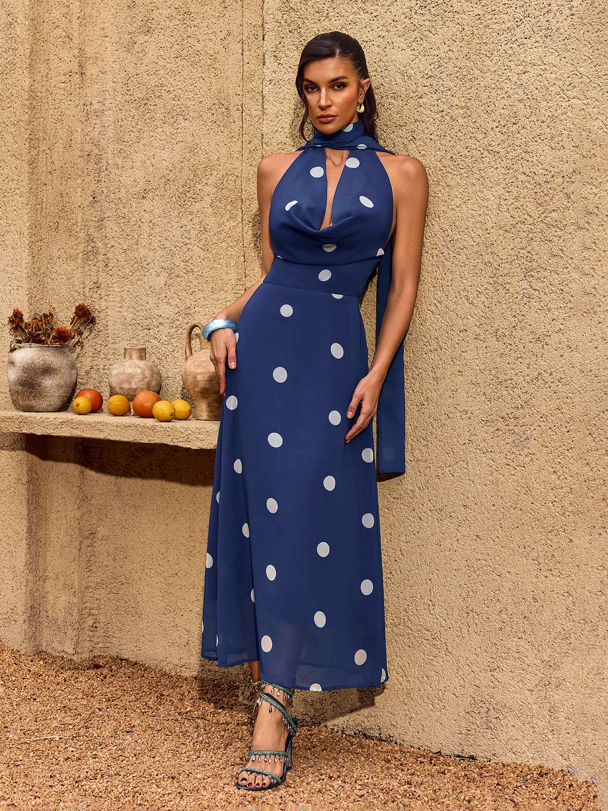 Midnight Polka Drape Maxi Dress