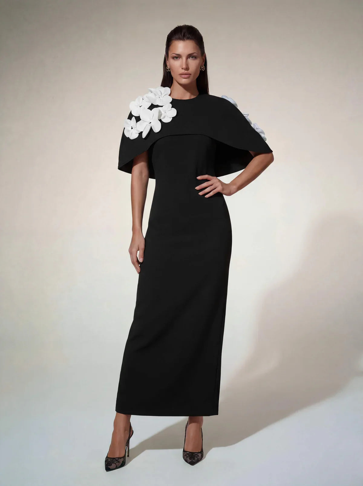 Camellia Flower Cape Maxi Dress