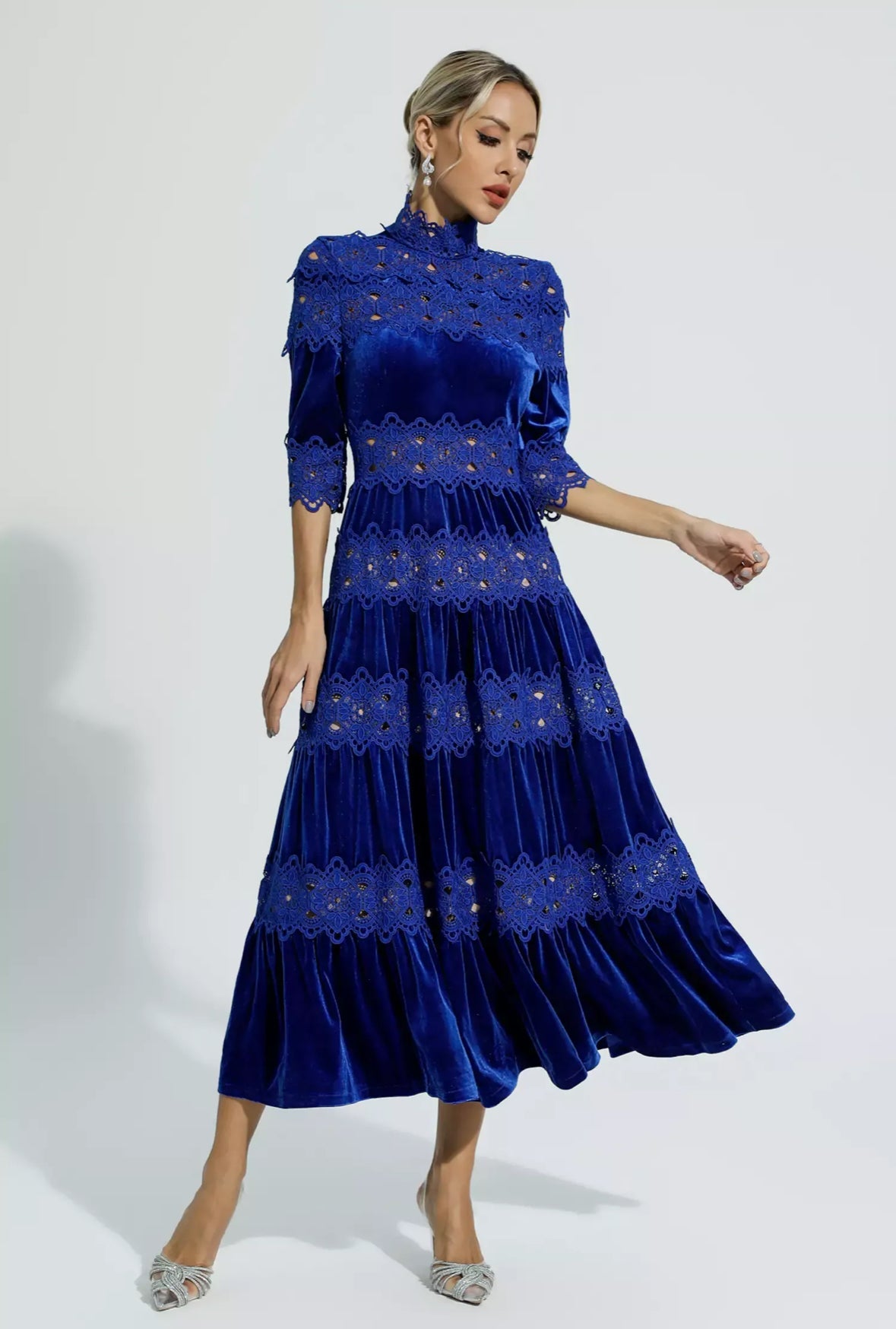 Blue velvet flare maxi dress