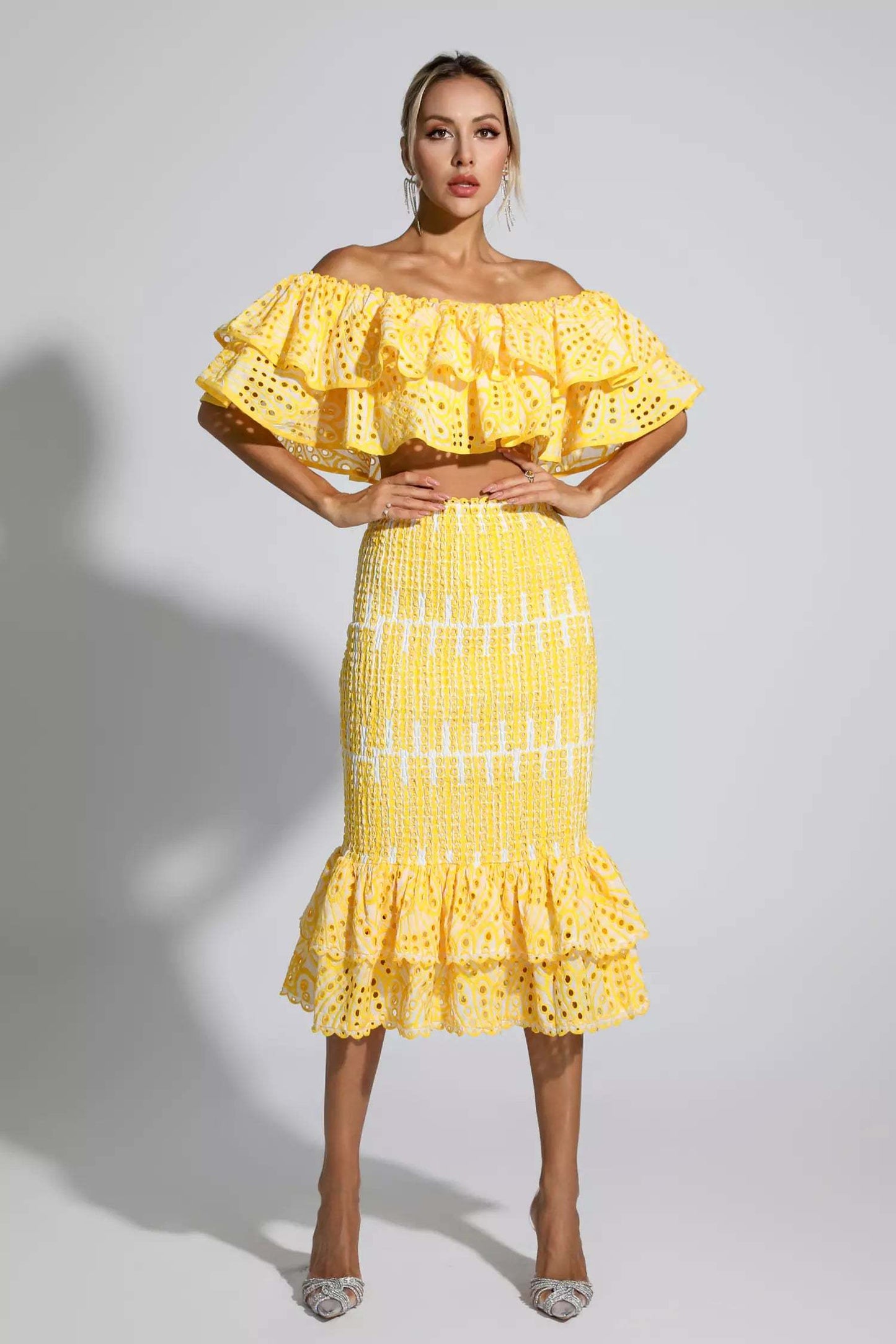Winnie off shoulder ruffle skirt set-Yellow