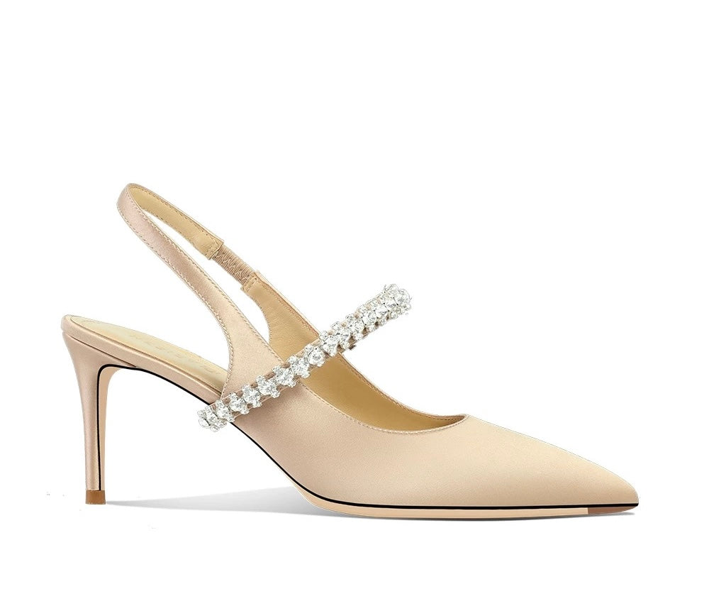 Crystal satin high heels 6cm Beige