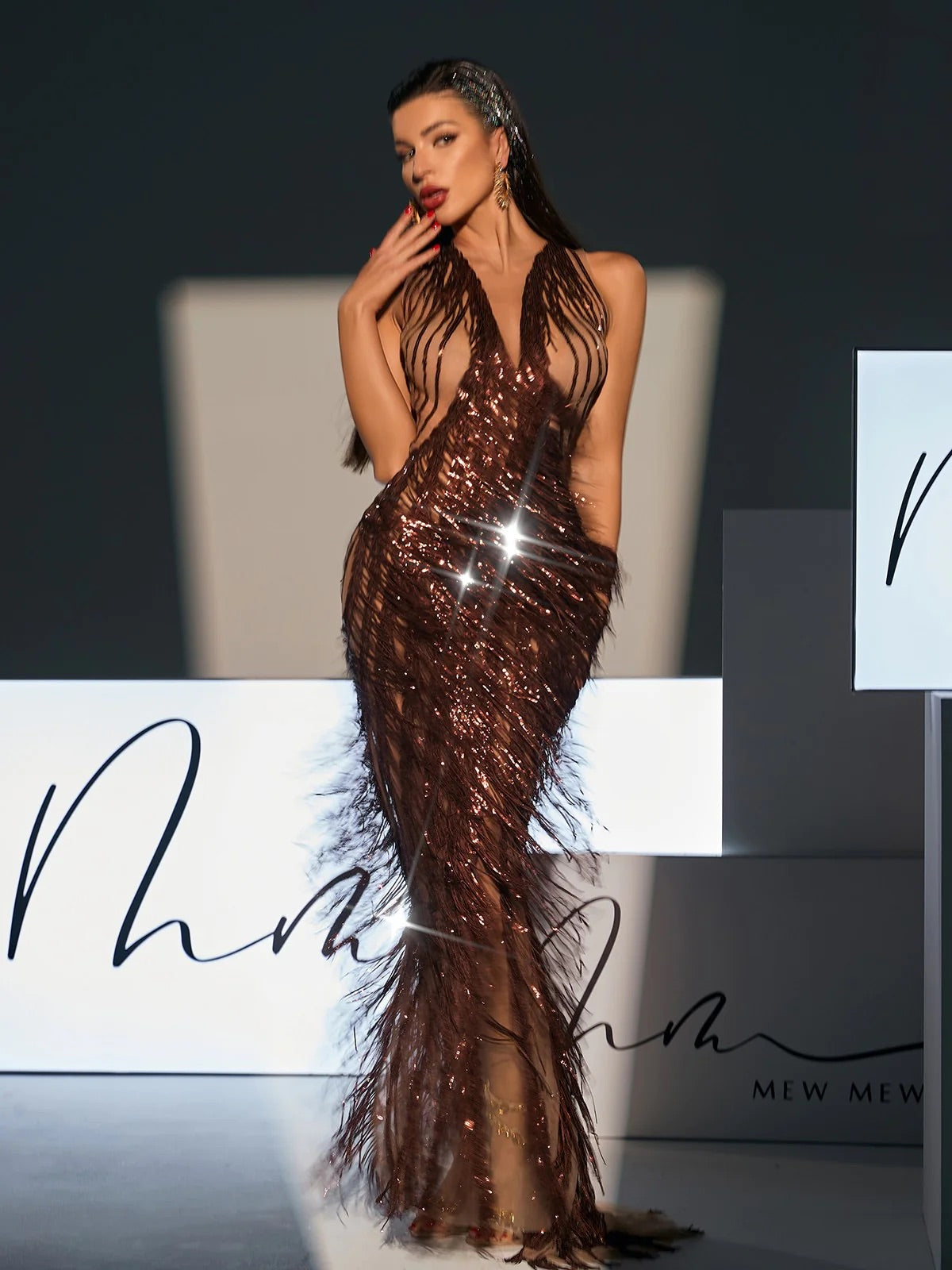 Brown sequin fringe maxi dress