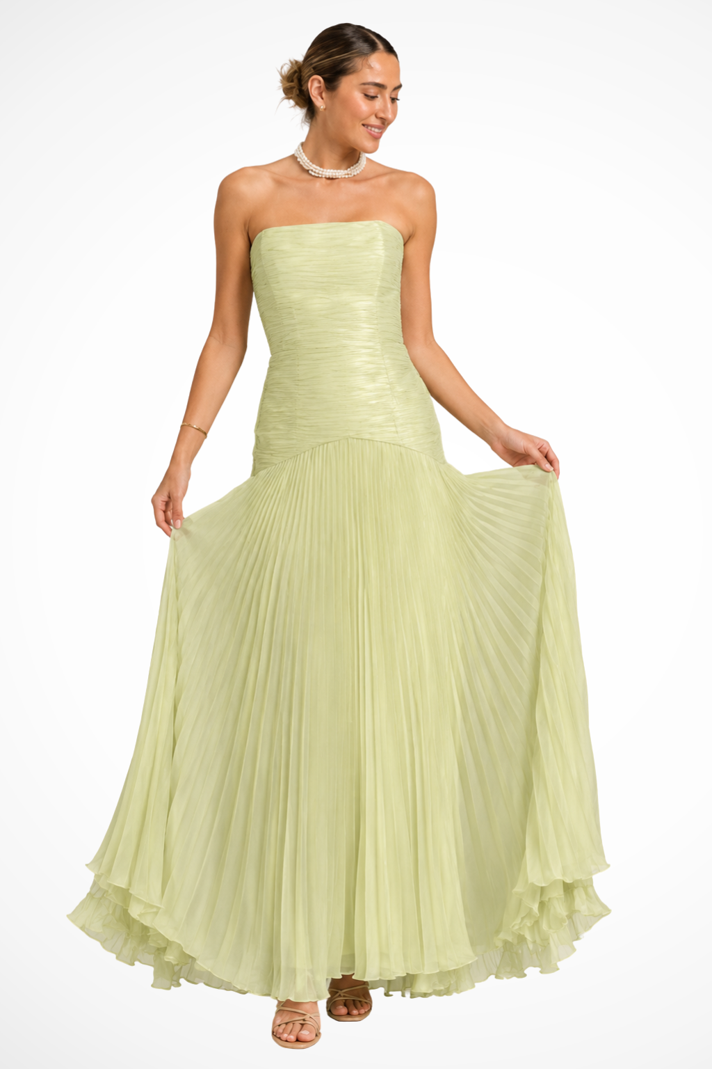 Celeste — Strapless Pleated Drop Waist Maxi Dress For Elegant Wedding Guest Style Green