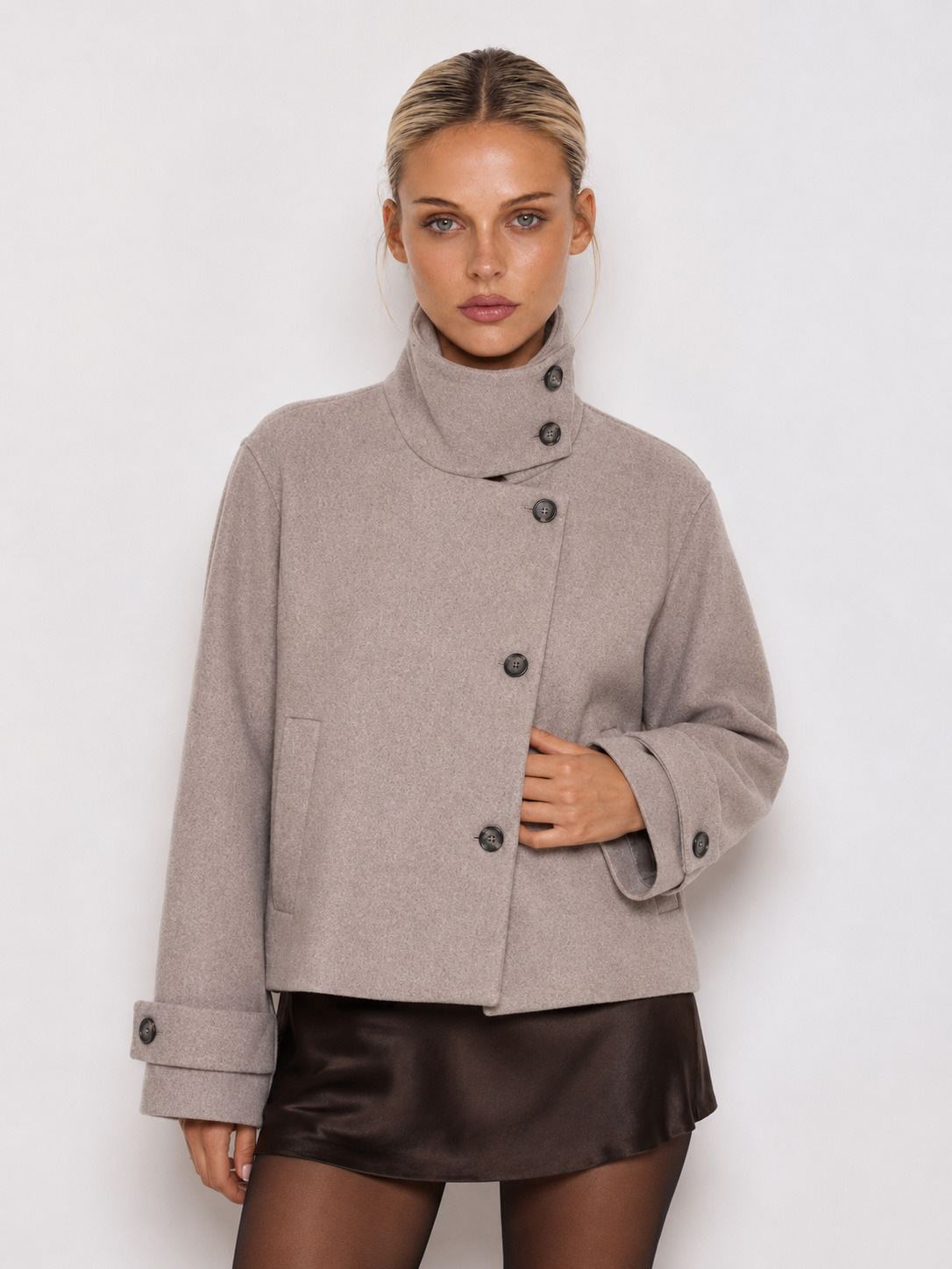 Women's High Neck Cropped Button Jacket ANGELA