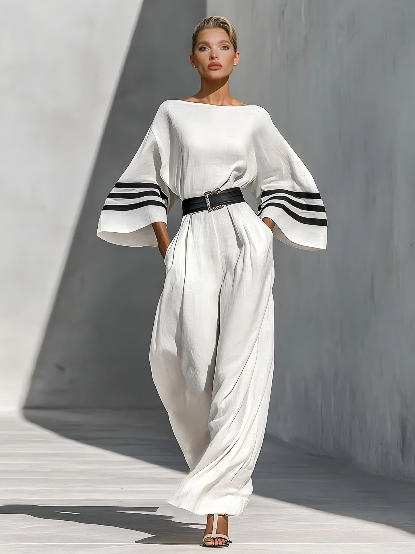 Minimalist Striped Tie-Waist Bell-Sleeve Jumpsuit White