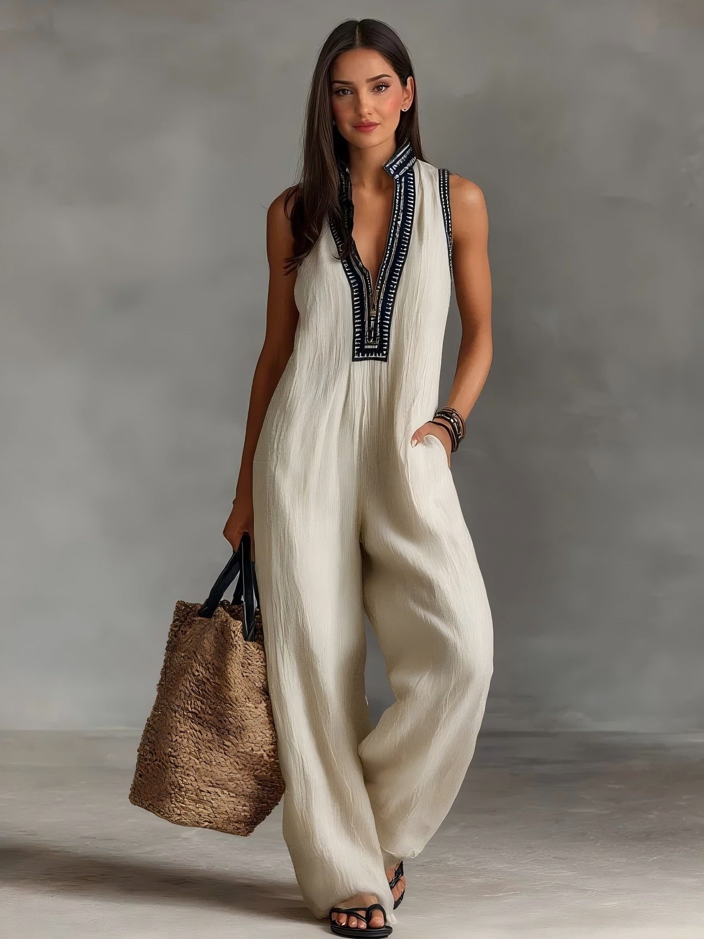 Casual Sleeveless Color-block Jumpsuit Beige