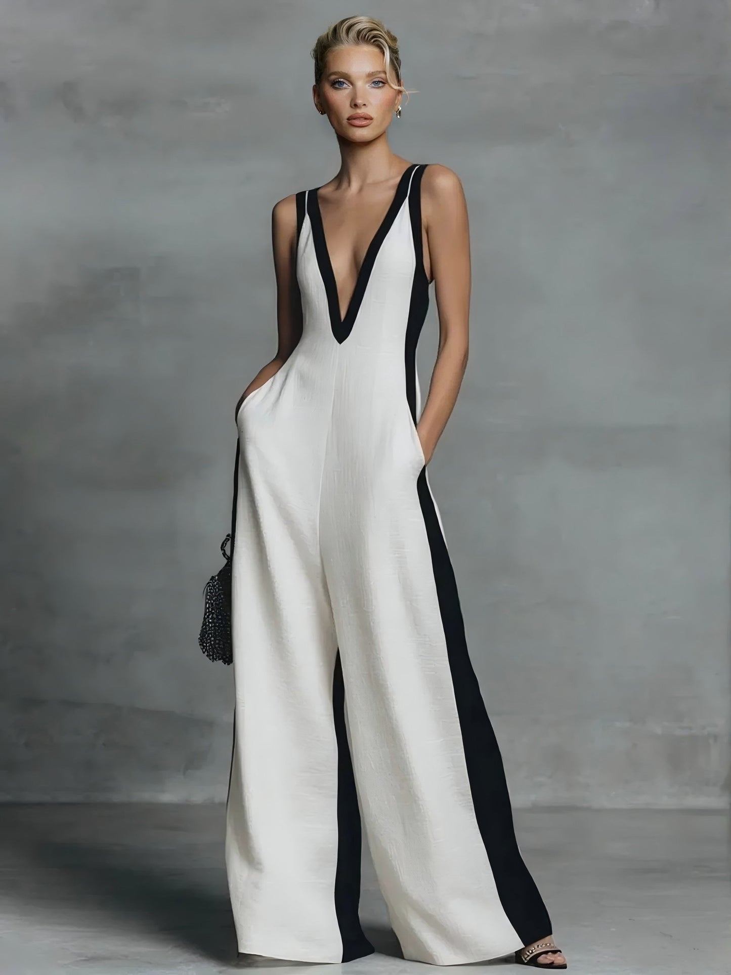 Elegant Sleeveless Deep V-Neck Contrast-Panel Wide-Leg Jumpsuit White